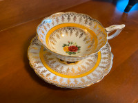 Vintage Royal Stafford Bone China Red Yellow Cabbage Rose Teacup