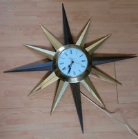 Vintage Ingraham Brass/Wood Grain Starburst Electric Clock 