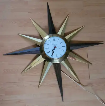 Vintage Rare 1960's Ingraham Brass/Wood Grain Starburst Electric Wall Clock. Made in Canada This Clo...