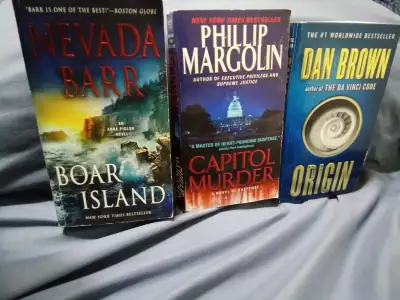 1- BOAR ISLAND NEVADA BARR 2-CAPITOL MURDER PHILIP MARGOLIN 3-ORIGIN - DAN BROWN 4-BACK BAY - WILLIA...