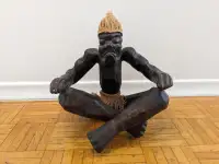African Tribal Sitting Medicine Man Wood Sculptures