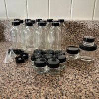 Lot of 13 Glass Specimen Bottles (4oz) and 12 Small Containers