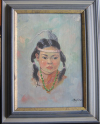 Oil On Artist Board Of A Young Native Girl In Tribal Regalia