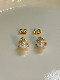14k Gold Plated Pearl with Diamond Earrings 