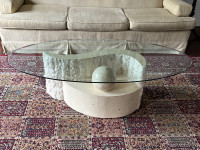 Tessellated Mactan stone and travertine coffee table