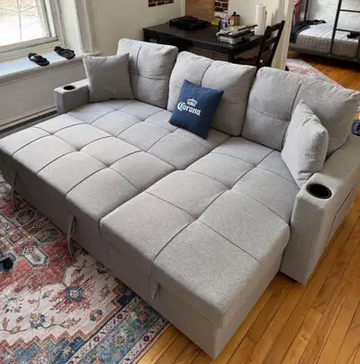 Sofa sectionnel lit  NEUF convertible avec rangement et porte-go, View more