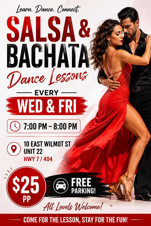 Salsa and bachata dance classes  studio Hwy 7/404, fri/wed 7 pm