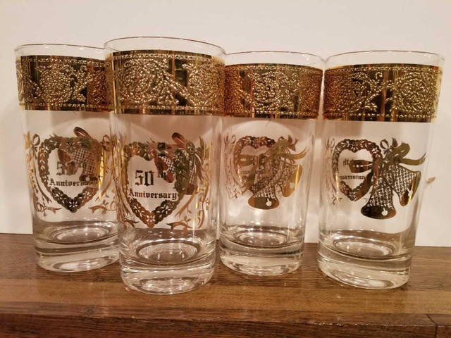 4 gold rimmed 50th anniversary tumblers in Home Décor & Accents in Oakville / Halton Region - Image 2