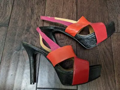 Nine West pink leather, orange and red sling back shoes. 3.5 Stiletto heels. Very comfortable, fashi...