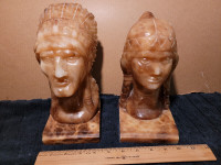 Stone Indian head book ends, map, carving