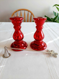 Pair of Glass candle Holders & Candle Snuffer