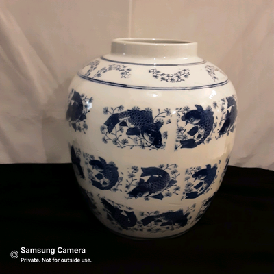 Large vintage Asian Carp Vase, blue white pottery, 13"h x 11"w, View more