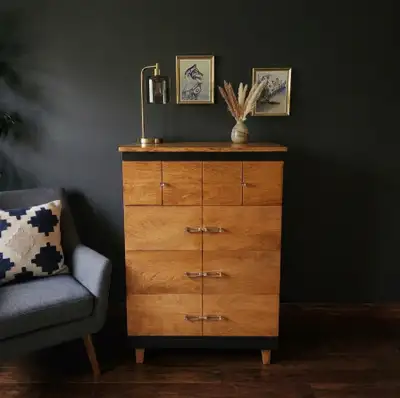 professionally refinished Black and walnut tone MCM dresser, View more