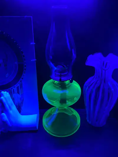Uranium Glass Oil Lamp. Antique Glass has a few flaws in from when it was made. See pics Great peice...