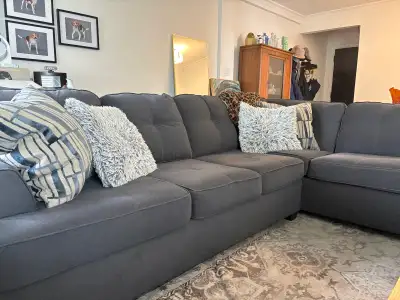 Custom Designer Blue-Grey L-Shaped Sectional with Tufted Chaise, View more
