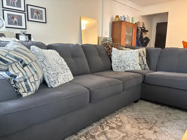 Custom Designer Blue-Grey L-Shaped Sectional with Tufted Chaise in Couches & Futons in City of Toronto - Image 2