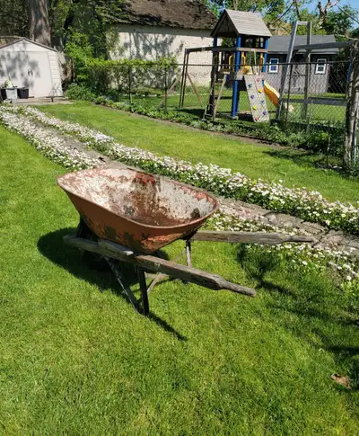 Vintage Antique Metal Wheelbarrow Rustic Garden Planter Landscaping Decor. Still functional. Up for...