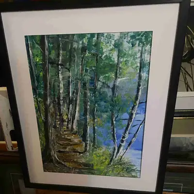 Bold original oil painting of trail along the waters edge, sometimes we all have probably done that...