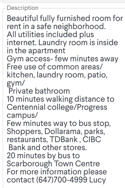 Beautiful room for rent in Scarborough Please call or text (647)700-4999