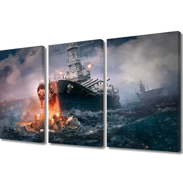 3-Panel WWII Battleship Art, Framed & Ready to Hang 36"x24" in Arts & Collectibles in City of Toronto