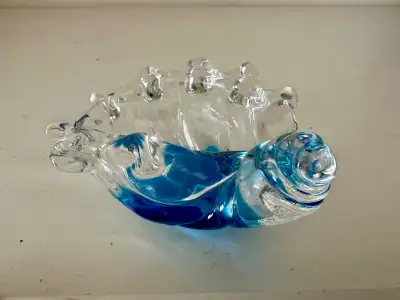 Rare Clear Chalet with Blue Art Glass Trinket Shell Dish, View more