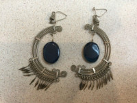 Vintage Earrings.  Unique Design.  Blue Stone.  Approx 3 1/4”