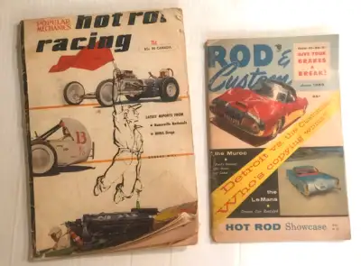 Two 1950s Hot Rod Magazines: 1) Rod & Custom June 1956 — Vol. 4, No. 2 8” x 5-1/4” The spine and cov...