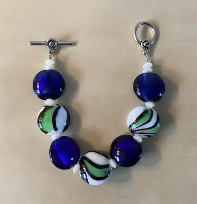 Blue Green White Art Glass Beaded Bracelet with Toggle Clasp, View more
