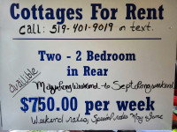 2- 2 bedroom cottages for rent. Call or text 519-401-9019