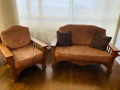 Solid oak frame vintage Loveseat and armchair , View more