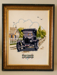 Beautiful Vintage 1989 "Tin Lizzie" Crewel Artwork 