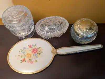 Vintage hand mirror and cosmetic jars, View more
