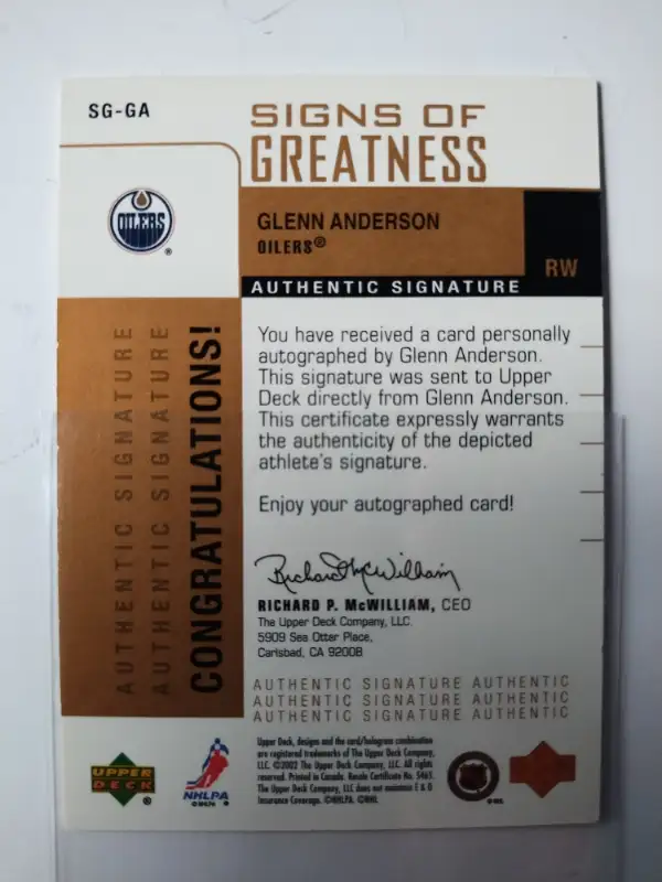 2002-03 UD  Foundations Signs of Greatness Auto Glenn Anderson63384461547779122