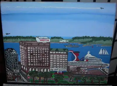 This is a unique, quirky, one-of-a-kind oil painting. A lovely south end Halifax scene with cruise s...