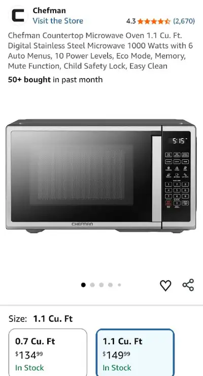 Chefman Countertop Digital Microwave Oven 1.1 Cu. Ft., View more