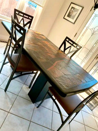 Lava Stone, OAK trim Dining Table + 6 Wrought Iron Chairs, EXC!