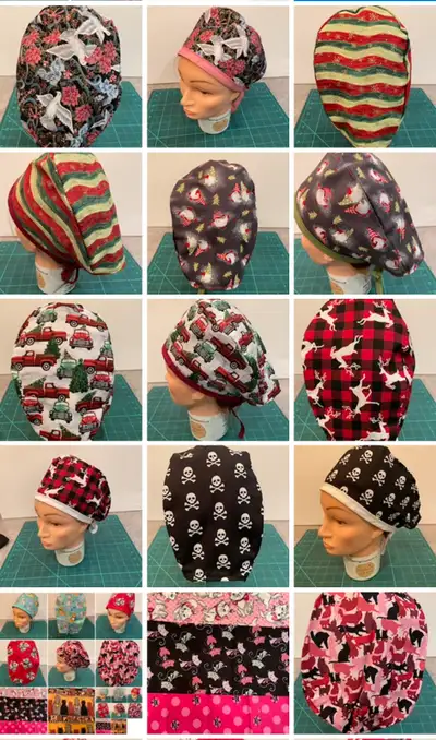 Variety of scrub hats , skull caps , due rags .... So many titles hair nets Cotton hair protective w...