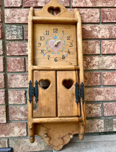 Vintage Wall Wooden Cabinet Heart Cutouts Clock Handmade Hanger, View more