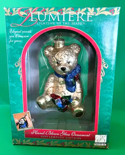 Vintage Lumiere Teddy with Blocks Handpainted, Hand-Blown Glass Hanging Ornament 1999 Limited Editio...