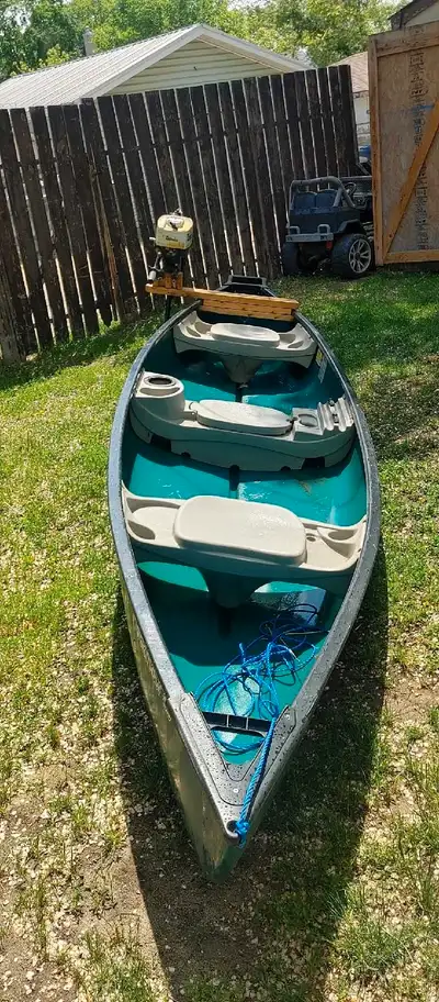 16 foot canoe. Polyurethane, very durable and tough. Flat back for a motor. No leaks and decent shap...
