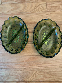Vintage avocado green glass divided relish/candy dishes.