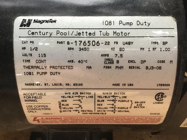 MAGNETEK Century Pool /Jetted Tub Motor , 1/2 HP in Other in Oakville / Halton Region - Image 2