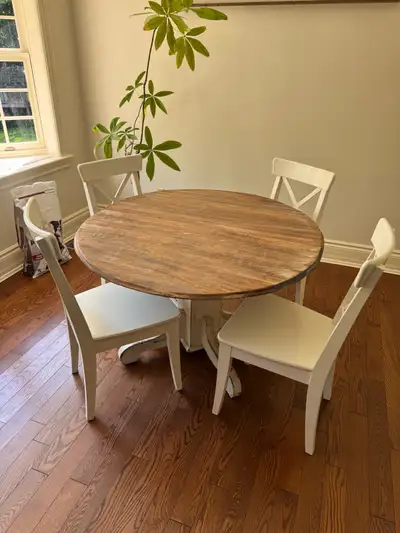 Rustic Round Wood Dining Table Set with 4 White Chairs – 44.5", View more