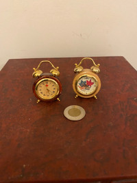 2 miniature 2.5” wood & brass quartz table top clocks.