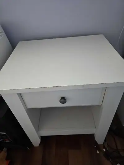 twin bed frame with new mattress and night table, View more