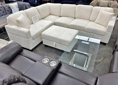 Cream Corduroy Sectional Sofa with Storage Ottoman, View more
