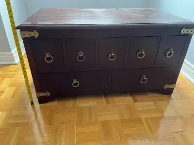 Authentic Pottery Barn apothecary-style coffee table with multiple drawers and antique brass hardwar...