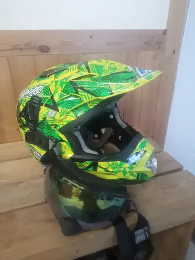 Two Skidoo helmets one size Large and one medium, with breath shields. One open face helmet with gog...