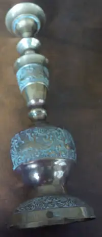 Very Heavy Tall Brass Candlestick, with Inlay Bought in Mid-East