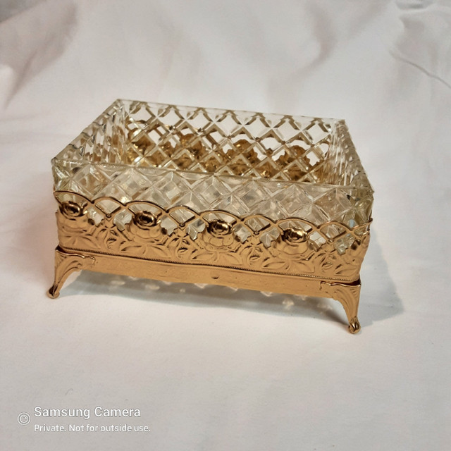 Antique Diamond Cut Glass in Gold Washed Stamped Metal Base in Arts & Collectibles in Calgary